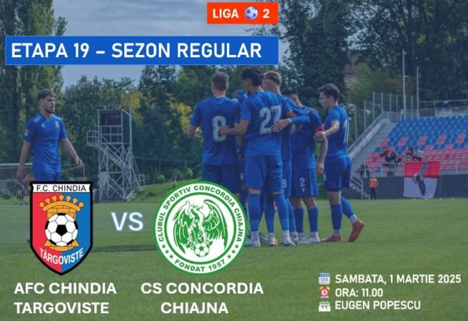 Acces gratuit la meciul AFC Chindia Târgoviște – CS Concordia Chiajna Acces gratuit la meciul AFC Chindia Târgoviște – CS Concordia Chiajna. Suporterii echipei AFC Chindia Târgoviște sunt invitați să își susțină echipa favorită la meciul din etapa 19 a ligii, programat pentru  1 martie 2025, începând cu ora 11:00, pe Stadionul Eugen Popescu din Târgoviște.