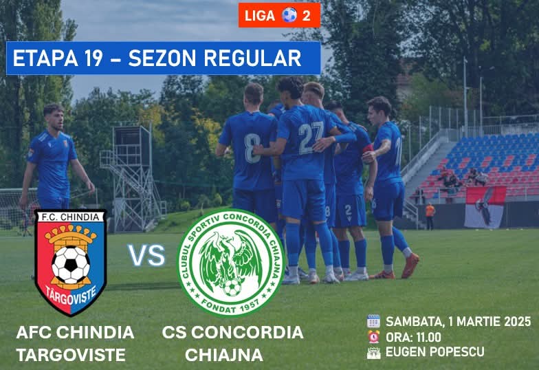 Acces gratuit la meciul AFC Chindia Târgoviște – CS Concordia Chiajna. Suporterii echipei AFC Chindia Târgoviște sunt invitați să își susțină echipa favorită la meciul din etapa 19 a ligii, programat pentru  1 martie 2025, începând cu ora 11:00, pe Stadionul Eugen Popescu din Târgoviște.
