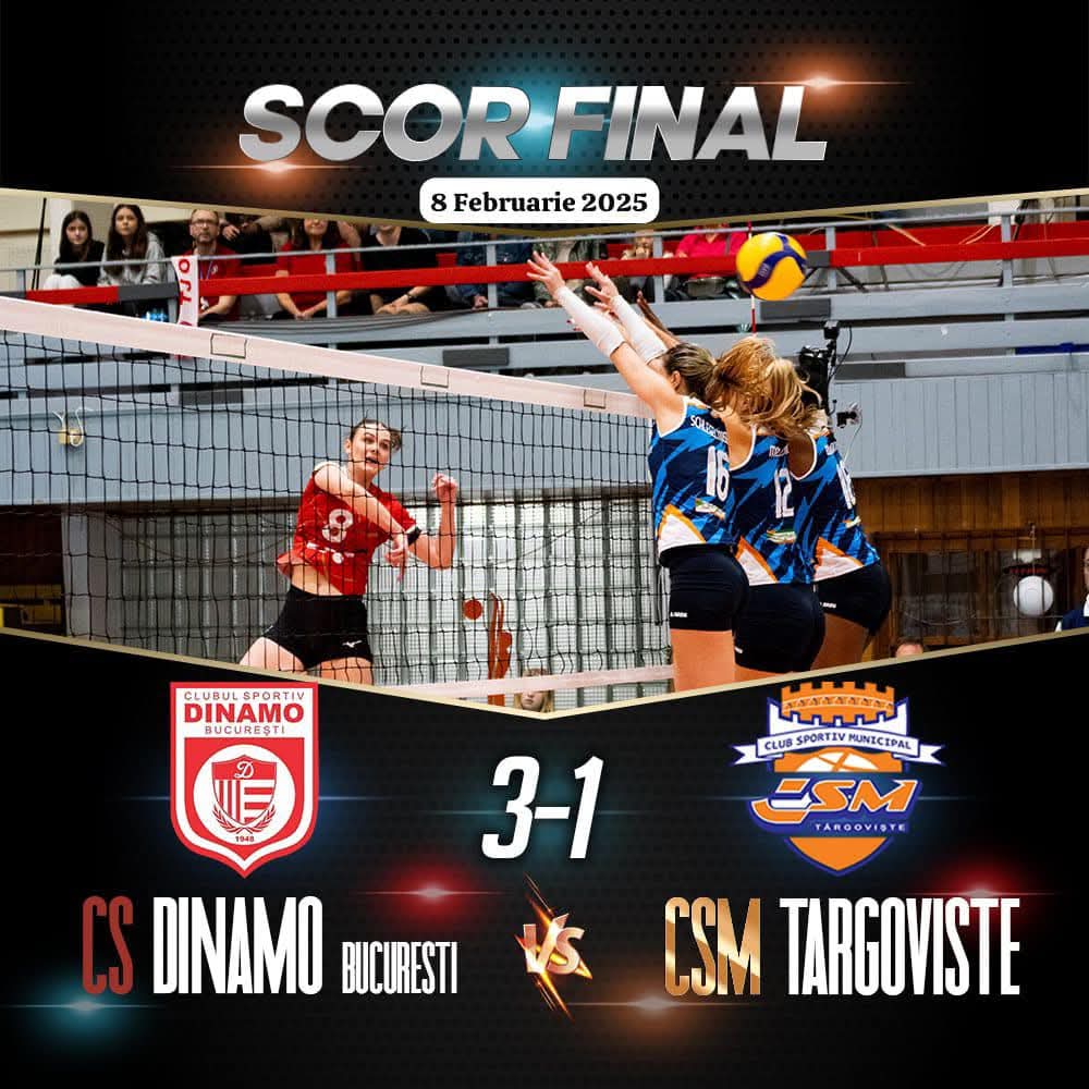 Echipa de volei feminin CSM Târgoviște a încheiat astăzi un meci dramatic, pierzând în fața celor de la CS Dinamo București cu scorul de 3-1 (25-15; 25-21; 21-25; 25-16), într-o confruntare electrizantă pe terenul advers.