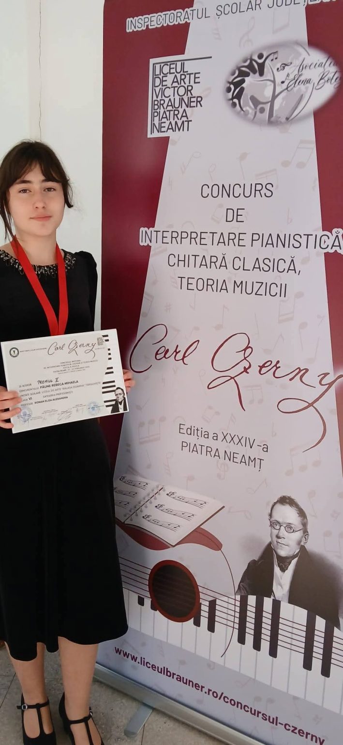 Rebeca Păune, eleva Liceului de Arte „Bălașa Doamna” din Târgoviște, premiată la Concursul „Carl Czerny” din Piatra Neamț! Un nou succes în palmaresul Liceului de Arte „Bălașa Doamna” din Târgoviște! Eleva Păune Rebeca, din clasa a VI-a, a obținut Premiul al II-lea la secțiunea Pian