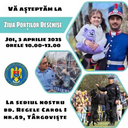 Jandarmeria Dâmbovița vă invită la „Ziua Porților Deschise” Jandarmeria Dâmbovița,  cu ocazia celebrării Zilei Jandarmeriei Române, joi, 3 aprilie 2025, vă invită să participați la „Ziua Porților Deschise” organizată