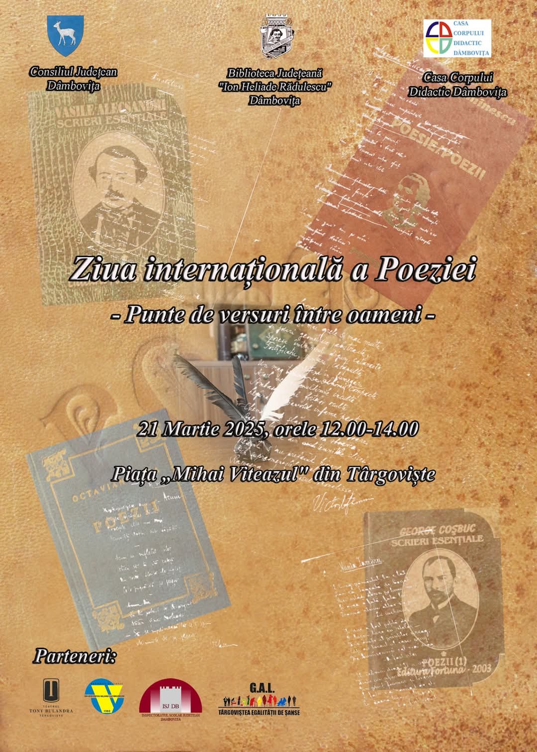 Pe 21 martie 2025, cu ocazia Zilei Internaționale a Poeziei, Casa Corpului Didactic Dâmbovița și Biblioteca Județeană „I.H. Rădulescu” Dâmbovița organizează un eveniment cultural deosebit, „Punte de versuri între oameni”, ce va avea loc la ora 12:00, în Piața „Mihai Viteazul” din Târgoviște.