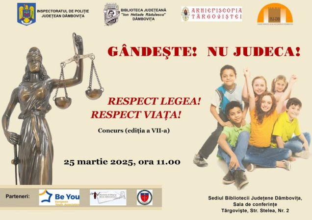 Mâine  are loc concursul „Respect legea! Respect viața!” la Biblioteca Județeană Dâmbovița Mâine, 25 martie 2025, la ora 11:00, la sediul Bibliotecii Județene „I. H. Rădulescu” Dâmbovița (Str. Stelea, Nr. 2), va avea loc ediția a VII-a a concursului „Respect legea! Respect viața!”,