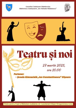 „Teatru și noi”, un eveniment creativ dedicat elevilor pasionați de artă și literatură la Biblioteca Județeană „I. H. Rădulescu” Dâmbovița Biblioteca Județeană „I. H. Rădulescu” Dâmbovița - Filiala pentru copii va găzdui pe 27 martie 2025, de la ora 10:00, evenimentul „Teatru și noi”, o activitate captivantă destinată elevilor pasionați de teatru și literatură. Sub coordonarea doamnei profesor Brînzei Florentina de la Școala Gimnazială Viișoara, evenimentul promite să fie o oportunitate deosebită pentru copii de a explora lumea fascinantă a teatrului.
