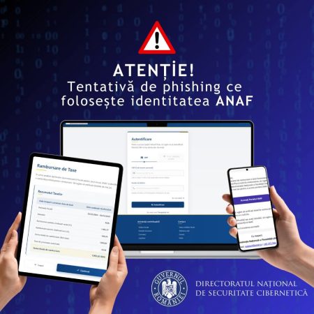Atenție! Tentativă de phishing care utilizează identitatea ANAF DNSC avertizează asupra unei noi campanii de phishing ce se folosește de identitatea ANAF. Atacatorii trimit e-mailuri false de la adrese suspecte pretinzând că ar proveni de la ANAF și oferind o rambursare de taxe. E-mailurile includ un link fraudulos care cere date sensibile.