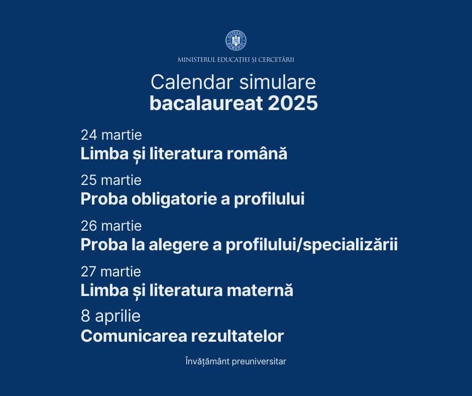 Luni, începe simularea probelor scrise pentru examenul de bacalaureat 2025. Mult succes tuturor celor ce vor participa!