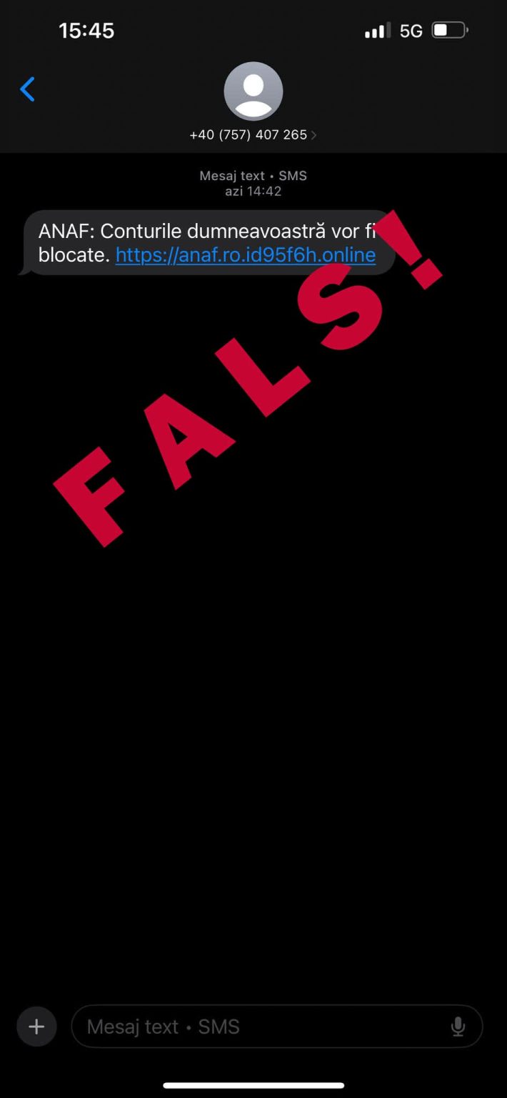 Tentativă de fraudă în numele ANAF: Avertisment pentru contribuabili Tentativă de fraudă în numele ANAF. ANAF a lansat un avertisment important pentru toți contribuabilii români. Autoritățile fiscale anunță că au fost depistate mesaje SMS false trimise în numele instituției, în care se pretinde că conturile contribuabililor au fost poprite, iar aceștia sunt îndemnați să acceseze un link suspect.