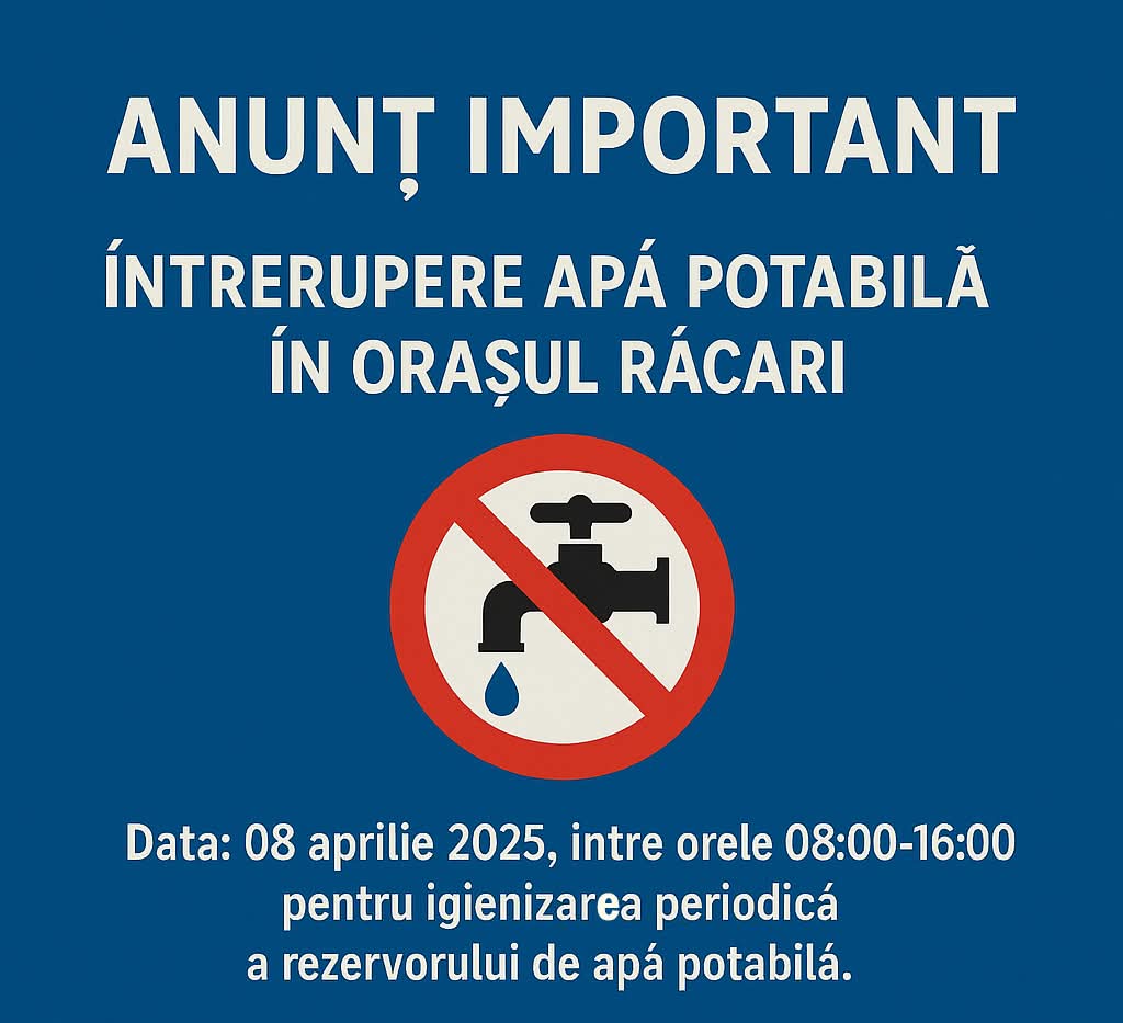 Compania de Apă Târgoviște Dâmbovița anunță că în data de 08 aprilie 2025, între orele 08:00 și 16:00, alimentarea cu apă potabilă va fi întreruptă temporar în orașul Răcari