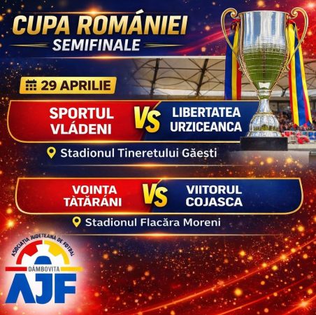 Semifinalele Cupei României la fotbal: dueluri decisive în Găești și Moreni pe 29 aprilie 
