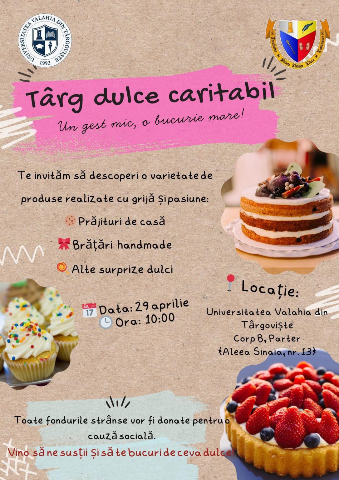Miercuri, 29 aprilie 2026,în Târgoviște este organizată o inițiativă caritabilă dedicată sprijinirii unei tinere de 25 de ani, studentă la Universitatea Valahia din Târgoviște