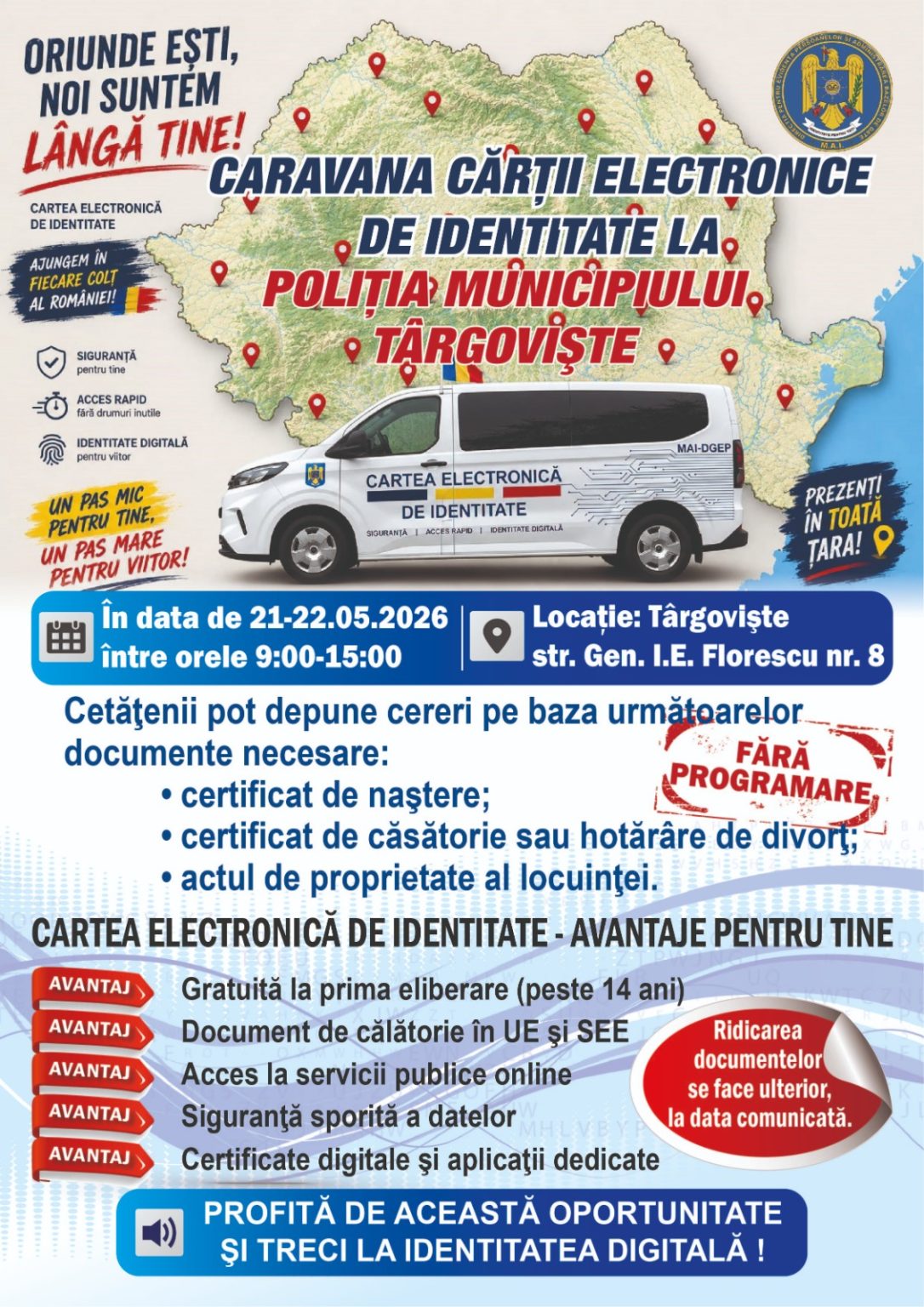 Târgoviște: Cetățenii pot solicita Cartea Electronică de Identitate prin caravană mobilă Târgoviște