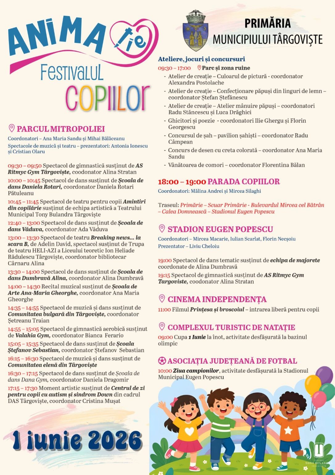 Târgoviște sărbătorește copilăria: spectacole, paradă, ateliere și surprize de 1 Iunie Târgoviște