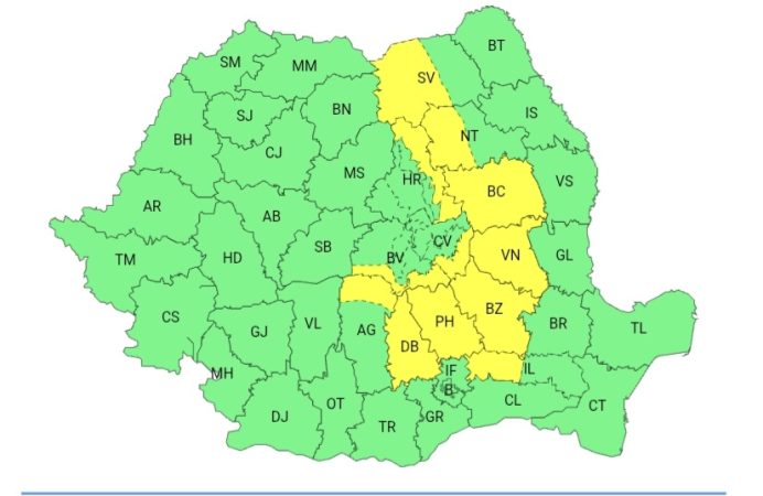 Cod Galben, valabil astăzi, 8 iunie, în intervalul orar 12:00 – 21:00, pentru județul Dâmbovița și alte zone din țară. Cod Galben