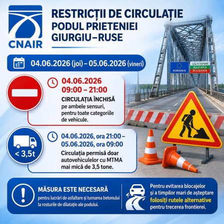  RESTRICȚII DE TRAFIC – PODUL PRIETENIEI GIURGIU–RUSE (04–05 iunie 2026) 
