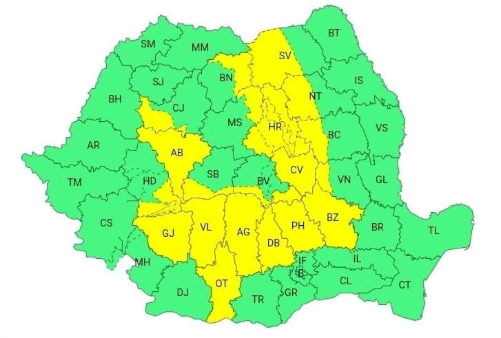 Cod galben de vreme severă în Dâmbovița! Averse torențiale, vijelii și grindină, astăzi până la ora 21:00