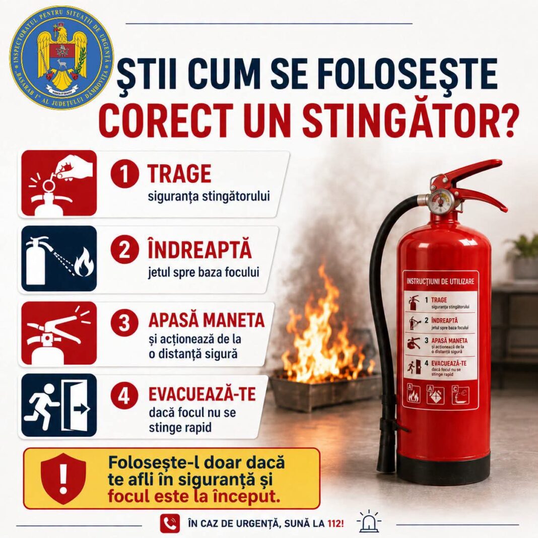 Știi cum se folosește corect un stingător? ISU Dâmbovița vine cu recomandări importante
